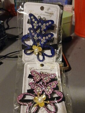 Rhinestone Butterfly Bow Hair Clip - Blue or Pink Set Of 2 NIP